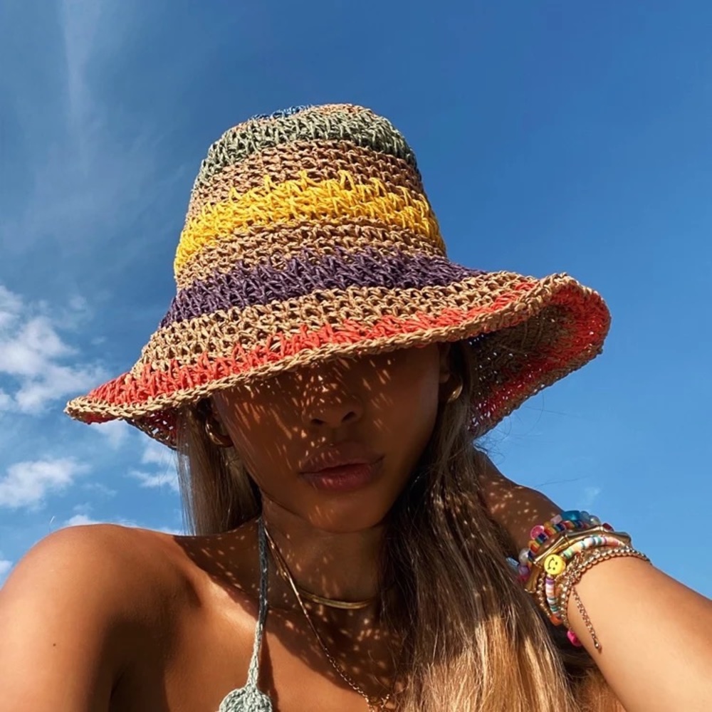 Summer Stripes Travel Sun Hat, Beach Foldable Straw Bucket Pliable Moldable Hat